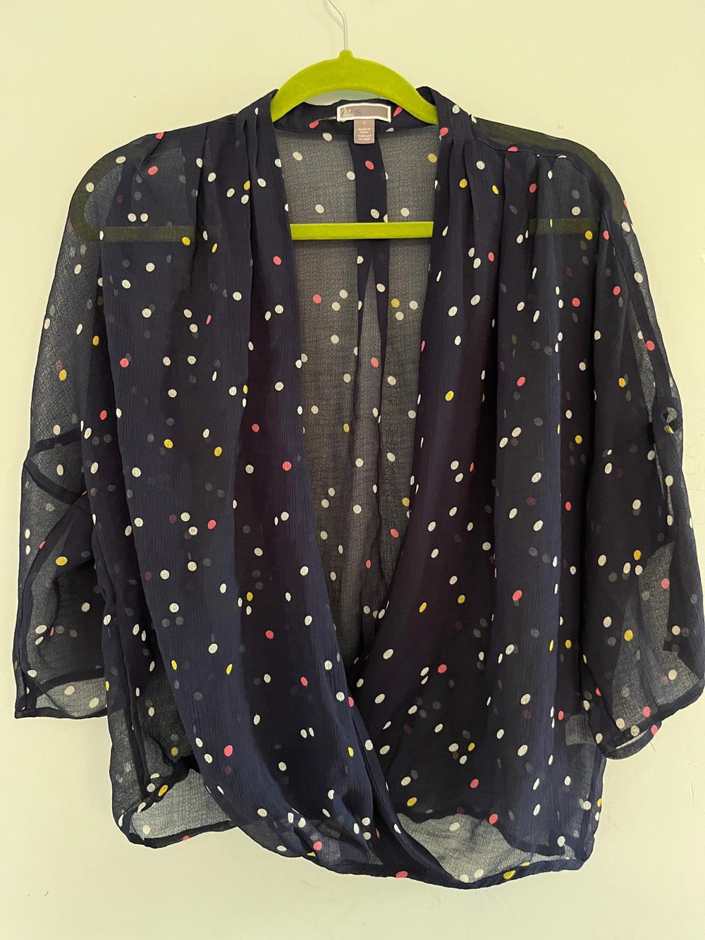 Chelsea28 Navy Polka Dot Wrap Blouse with Pink, Yellow & White Dots